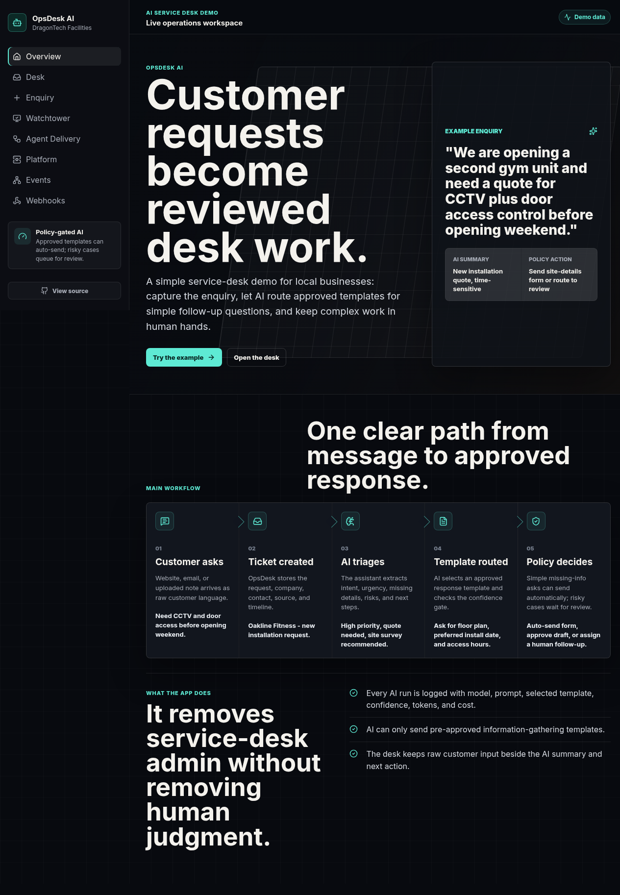 Screenshot of the OpsDesk AI service desk demo