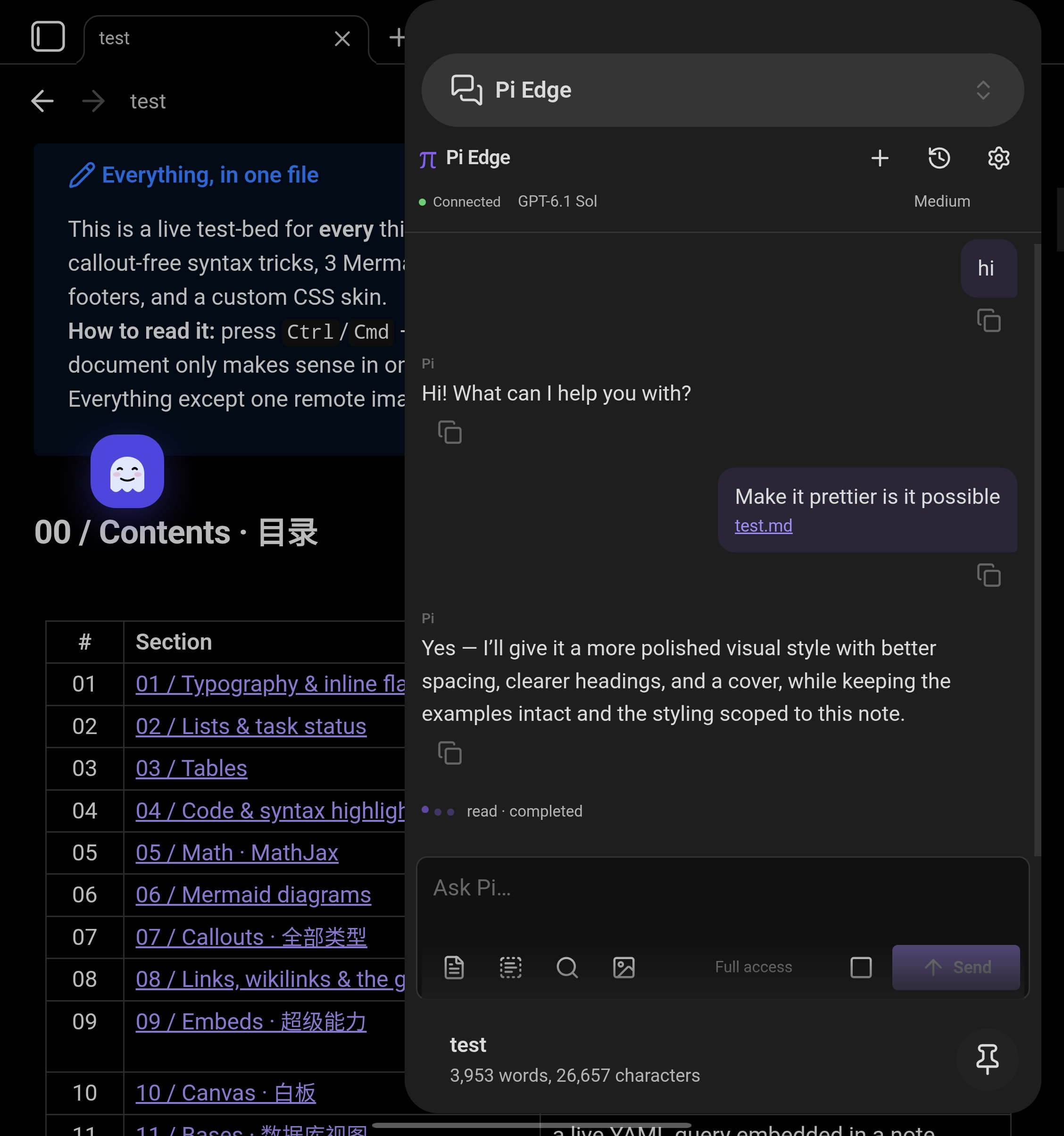 Pi Edge chat beside an Obsidian note on a Galaxy Fold, with a note attached to the conversation
