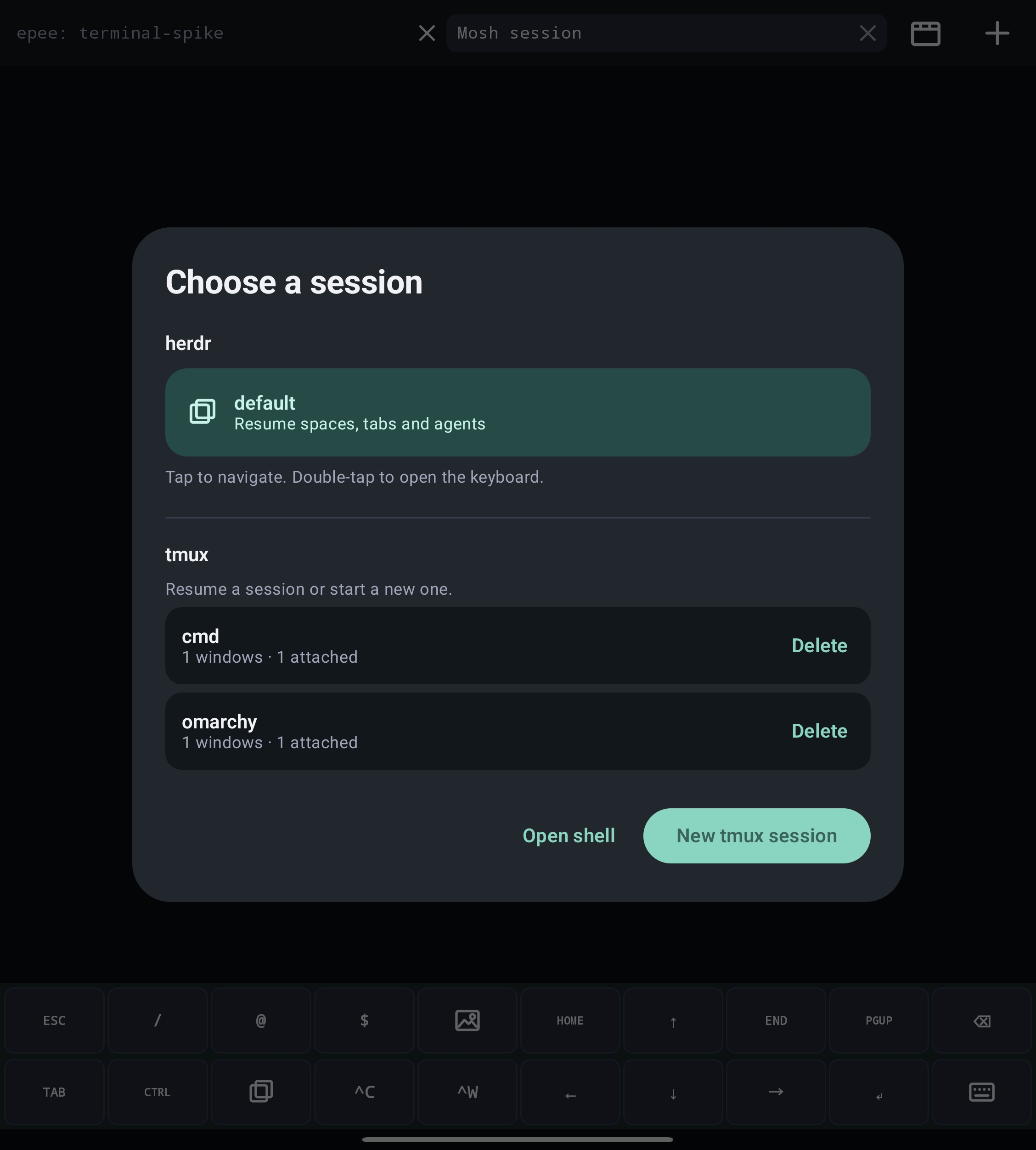 Terminal Spike 连接选择器同时展示运行中的 Herdr 与 tmux 会话